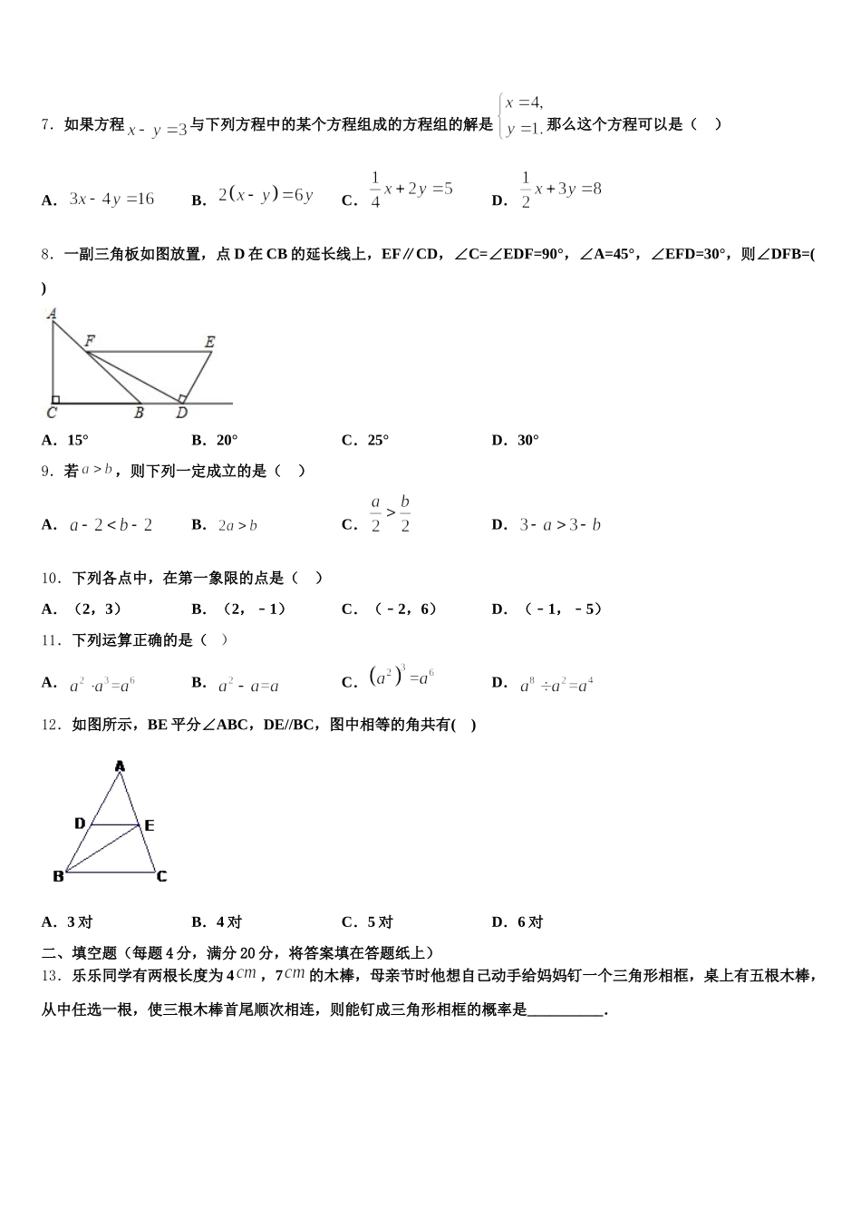 2024-2025学年广东省湛江二中学港城中学数学七下期末监测试题含解析_第2页