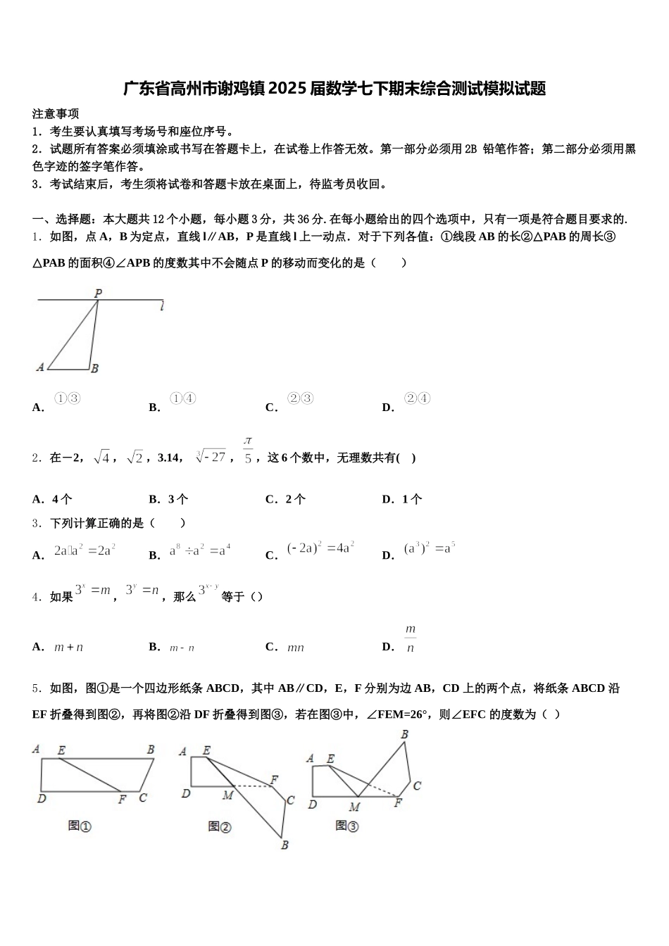 广东省高州市谢鸡镇2025届数学七下期末综合测试模拟试题含解析_第1页