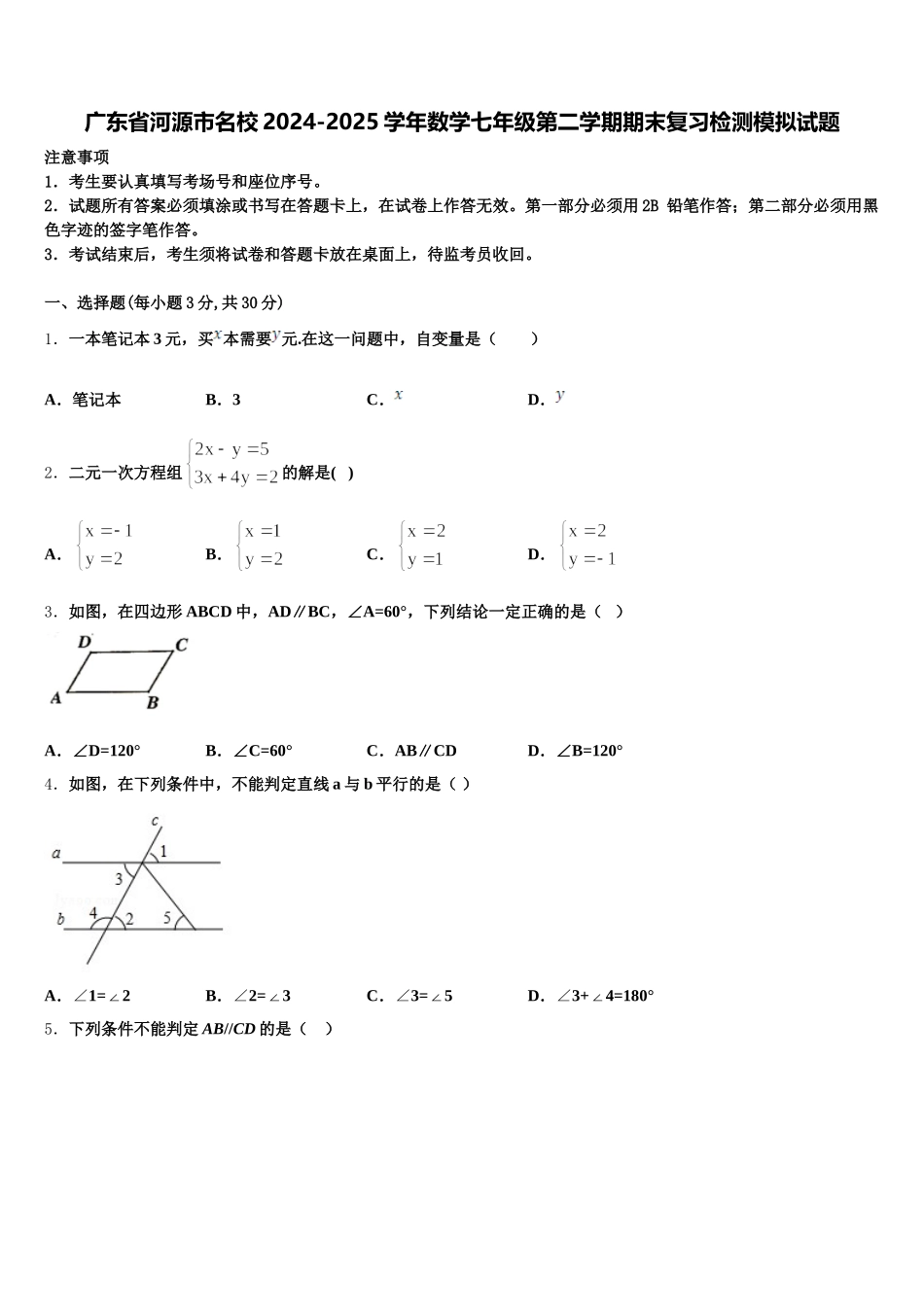 广东省河源市名校2024-2025学年数学七年级第二学期期末复习检测模拟试题含解析_第1页