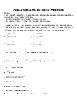 广东省汕头市友联中学2024-2025学年数学七下期末统考试题含解析