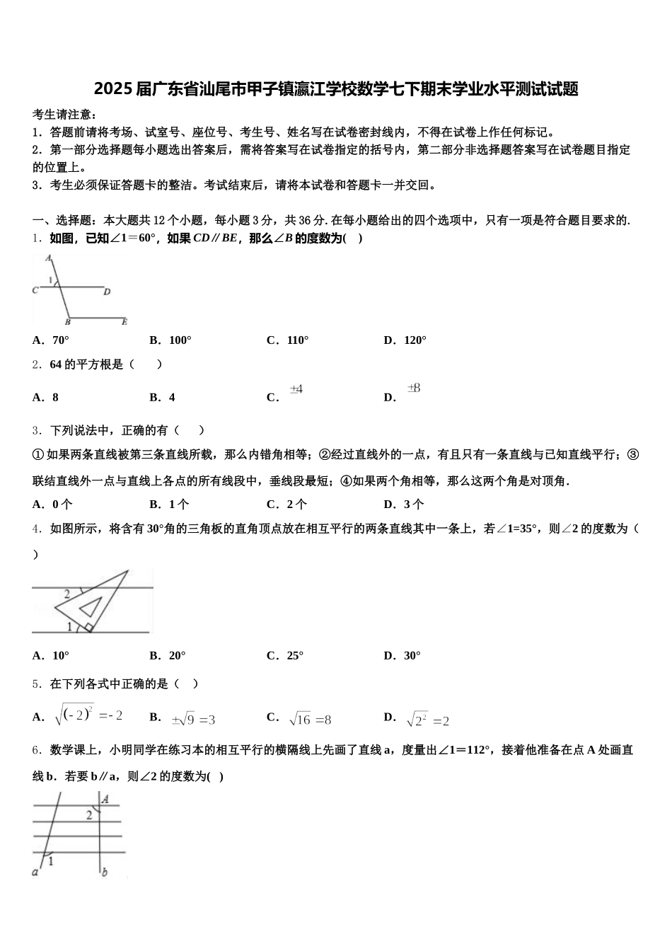 2025届广东省汕尾市甲子镇瀛江学校数学七下期末学业水平测试试题含解析_第1页