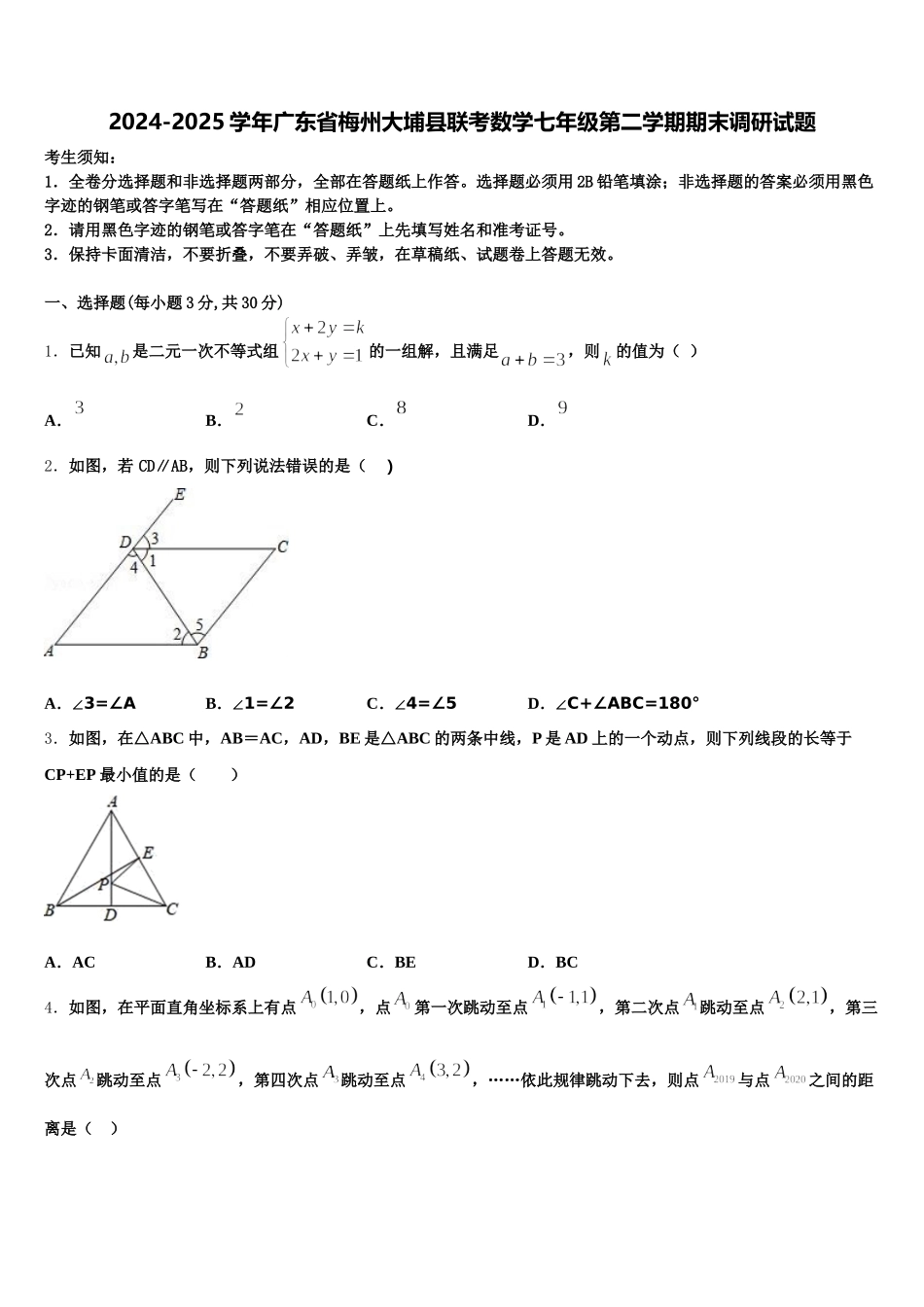 2024-2025学年广东省梅州大埔县联考数学七年级第二学期期末调研试题含解析_第1页