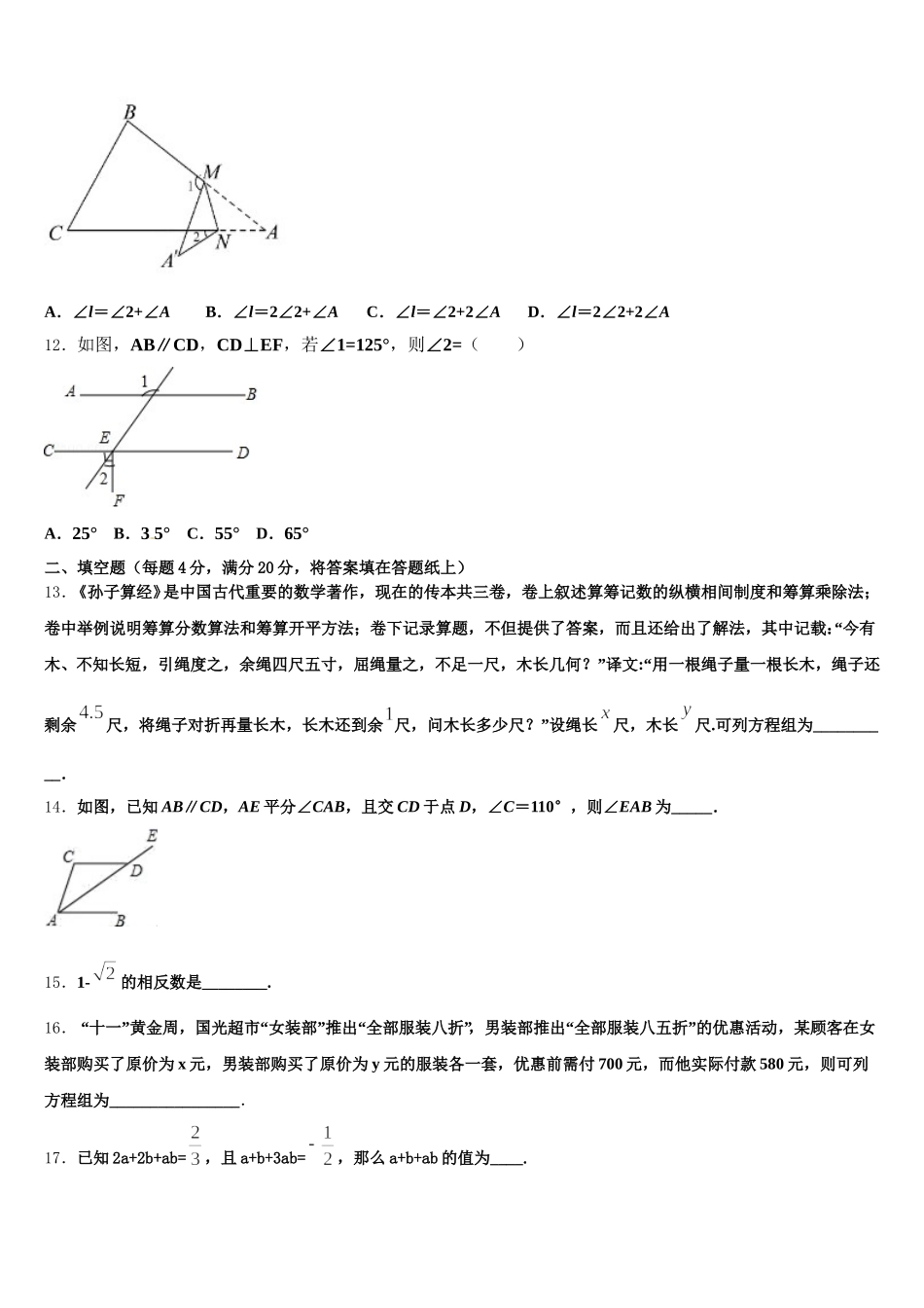 2024-2025学年黑龙江省大庆市第六十九中学七年级数学第二学期期末联考试题含解析_第3页