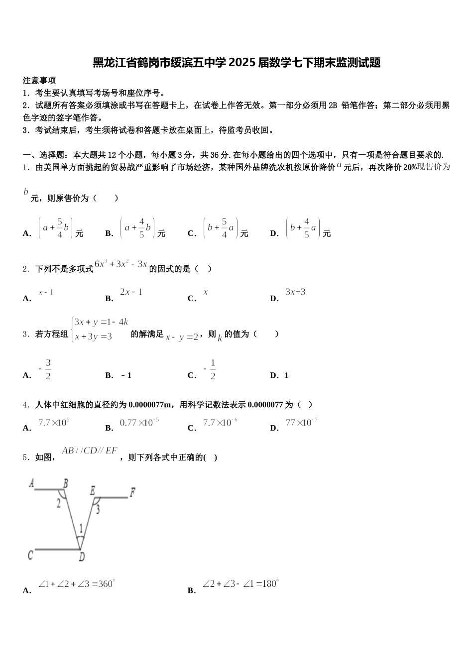 黑龙江省鹤岗市绥滨五中学2025届数学七下期末监测试题含解析_第1页