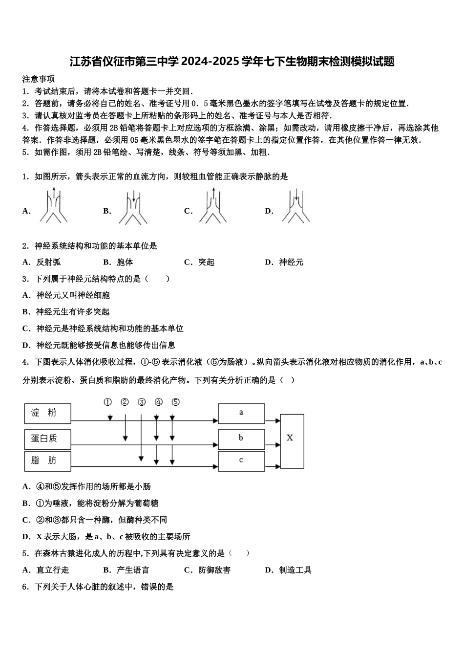 江苏省仪征市第三中学2024-2025学年七下生物期末检测模拟试题含解析_第1页