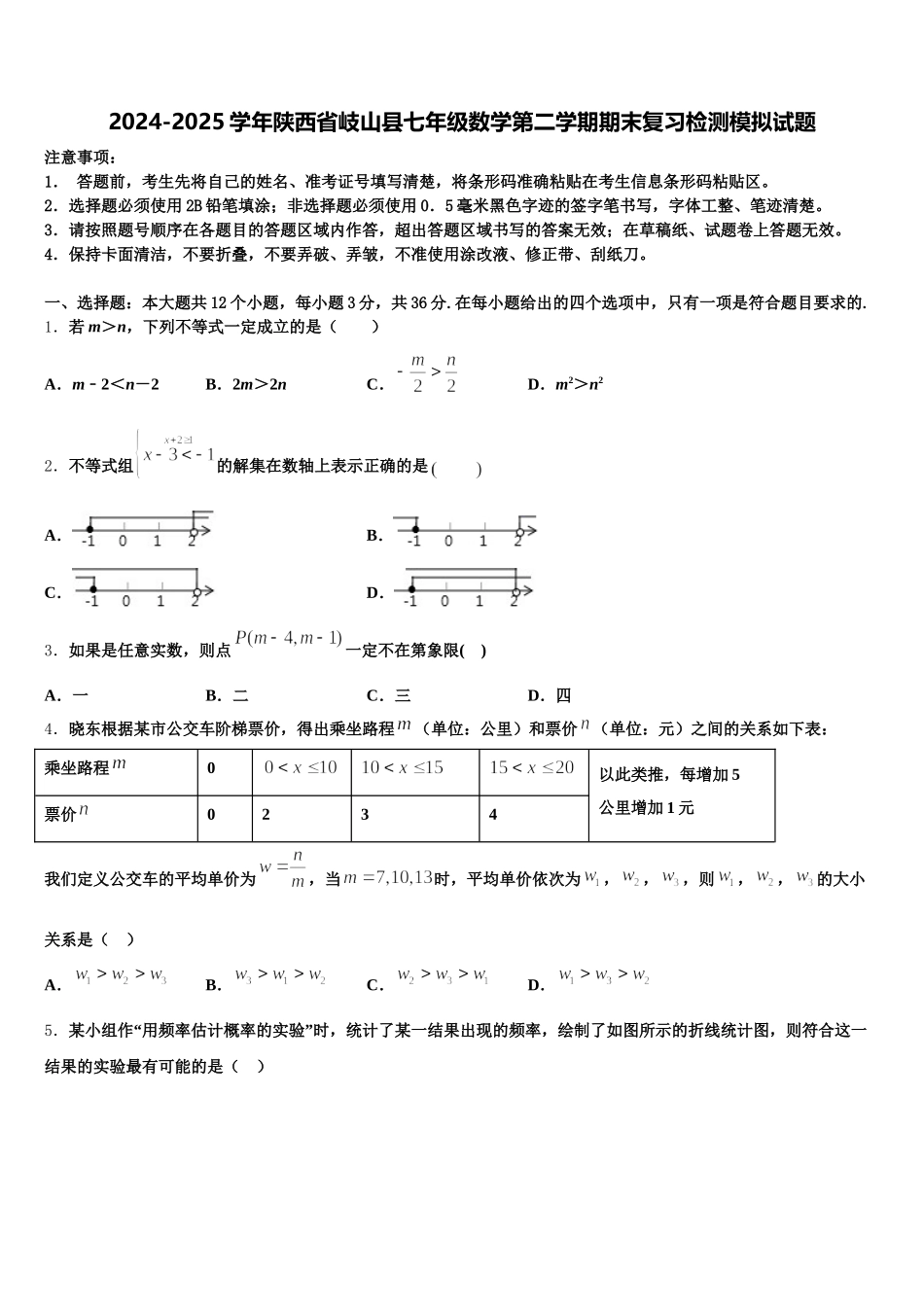 2024-2025学年陕西省岐山县七年级数学第二学期期末复习检测模拟试题含解析_第1页