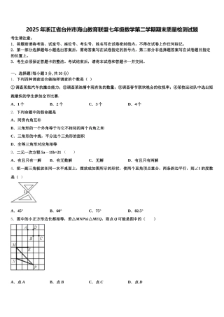 2025年浙江省台州市海山教育联盟七年级数学第二学期期末质量检测试题含解析