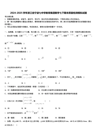 2024-2025学年浙江省宁波七中学教育集团数学七下期末质量检测模拟试题含解析