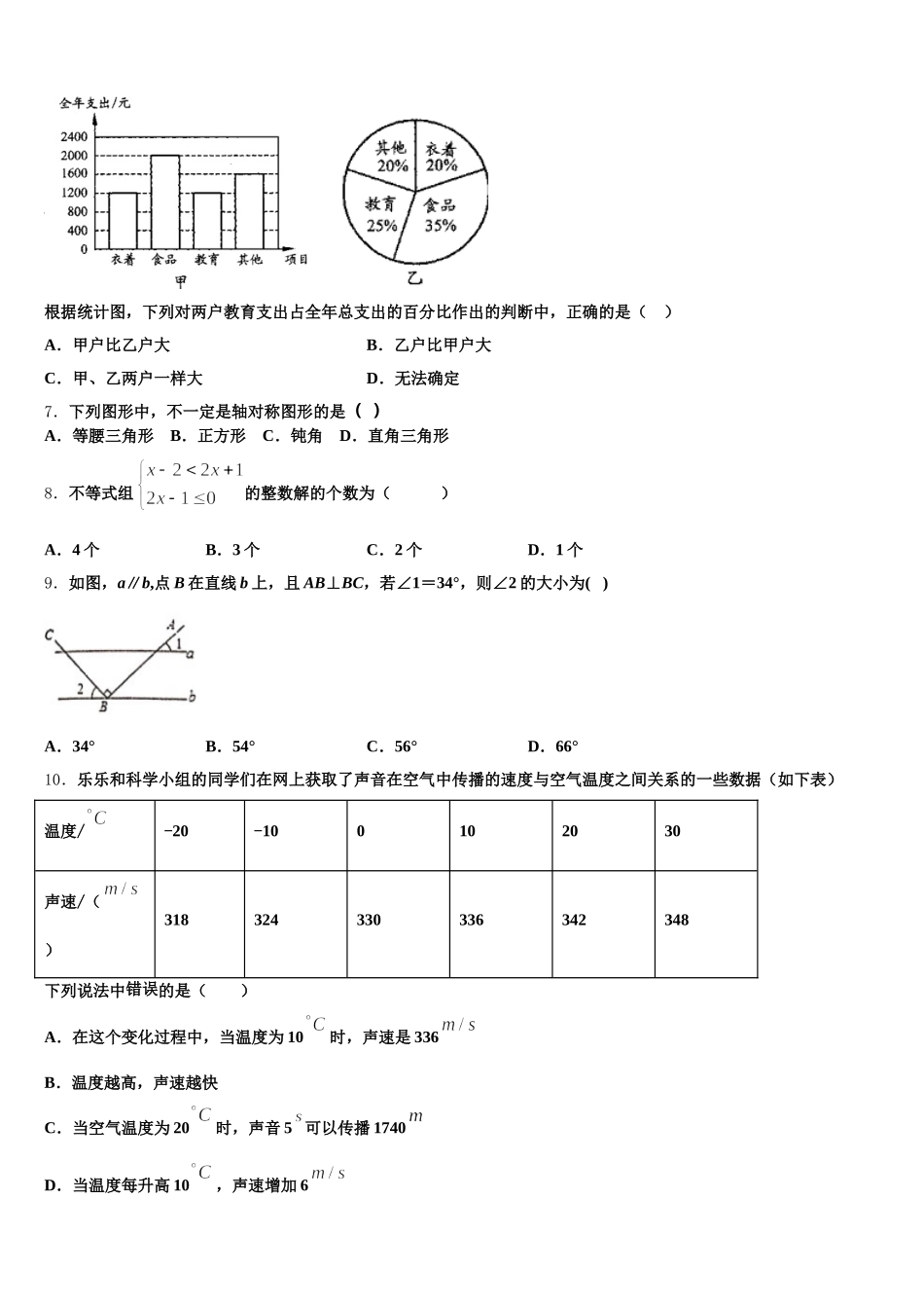 浙江省台州玉环2025届数学七年级第二学期期末学业质量监测模拟试题含解析_第2页
