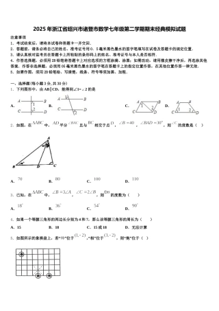 2025年浙江省绍兴市诸暨市数学七年级第二学期期末经典模拟试题含解析