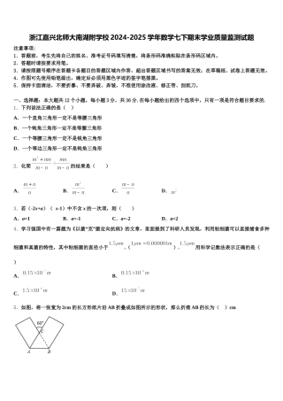 浙江嘉兴北师大南湖附学校2024-2025学年数学七下期末学业质量监测试题含解析