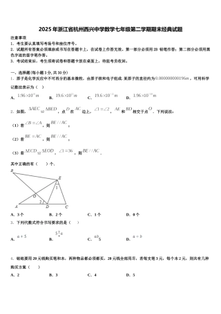2025年浙江省杭州西兴中学数学七年级第二学期期末经典试题含解析
