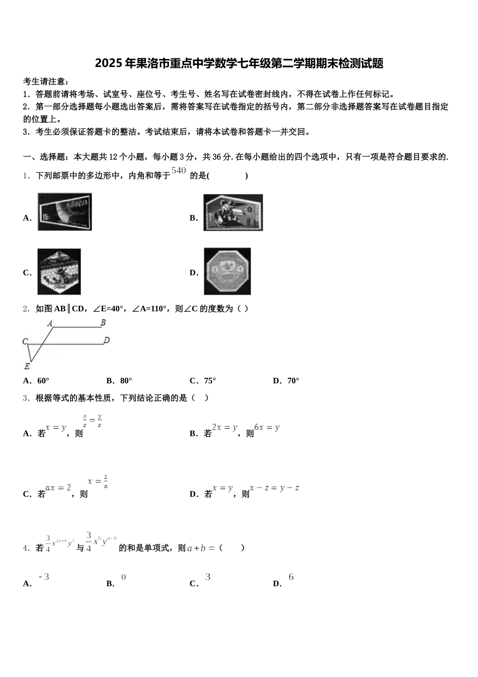 2025年果洛市重点中学数学七年级第二学期期末检测试题含解析_第1页