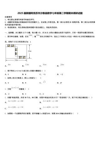 2025届新疆阿克苏市沙雅县数学七年级第二学期期末调研试题含解析