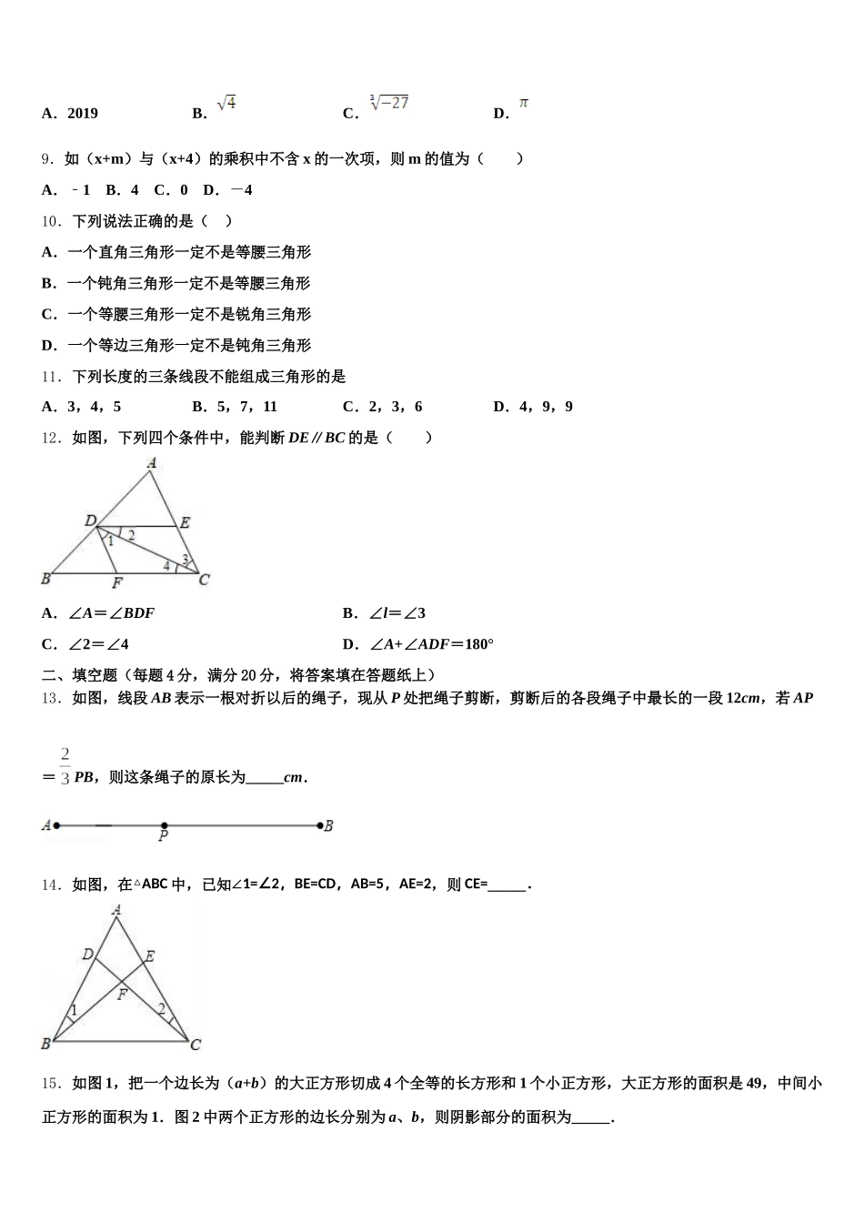 山西省运城运康中学2025年数学七下期末调研试题含解析_第2页