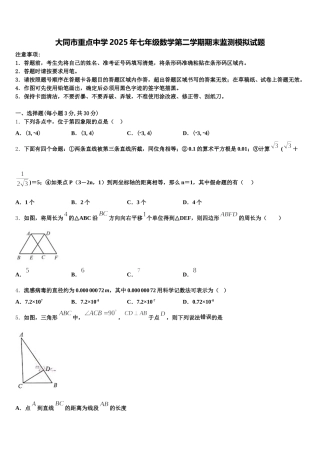 大同市重点中学2025年七年级数学第二学期期末监测模拟试题含解析