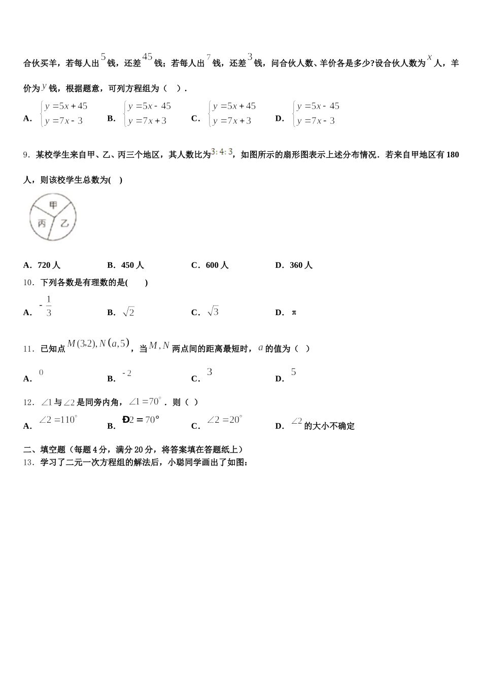 河北省石家庄新世纪外国语学校2024-2025学年数学七年级第二学期期末质量跟踪监视试题含解析_第3页