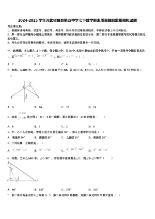 2024-2025学年河北省魏县第四中学七下数学期末质量跟踪监视模拟试题含解析