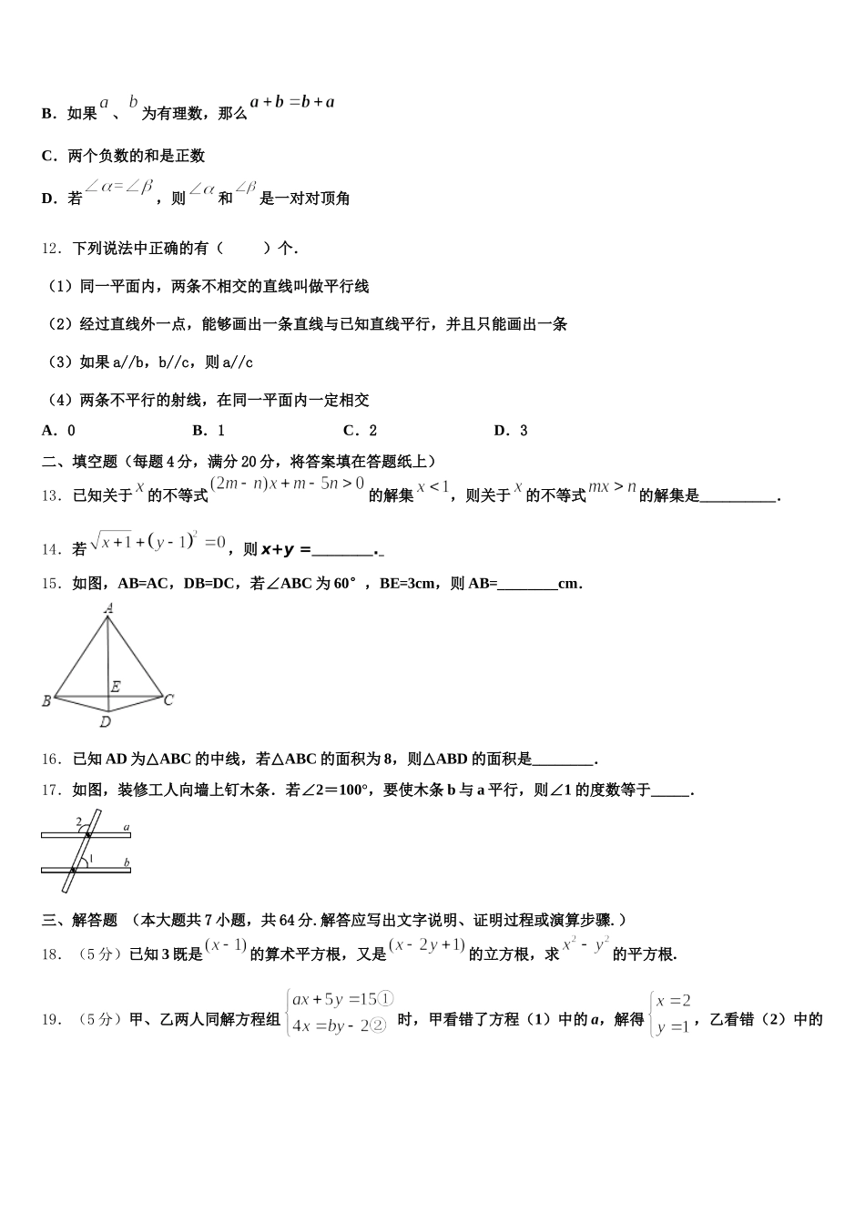 河北省邯郸市2024-2025学年七下数学期末达标测试试题含解析_第3页
