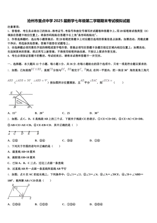 沧州市重点中学2025届数学七年级第二学期期末考试模拟试题含解析