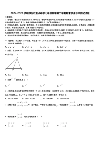 2024-2025学年邢台市重点中学七年级数学第二学期期末学业水平测试试题含解析