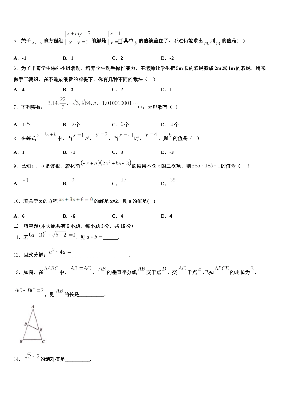 2024-2025学年河北省石家庄外国语学校七年级数学第二学期期末复习检测试题含解析_第2页