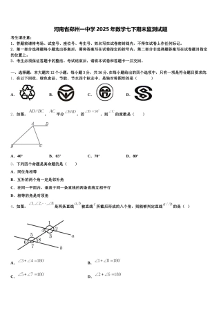 河南省郑州一中学2025年数学七下期末监测试题含解析