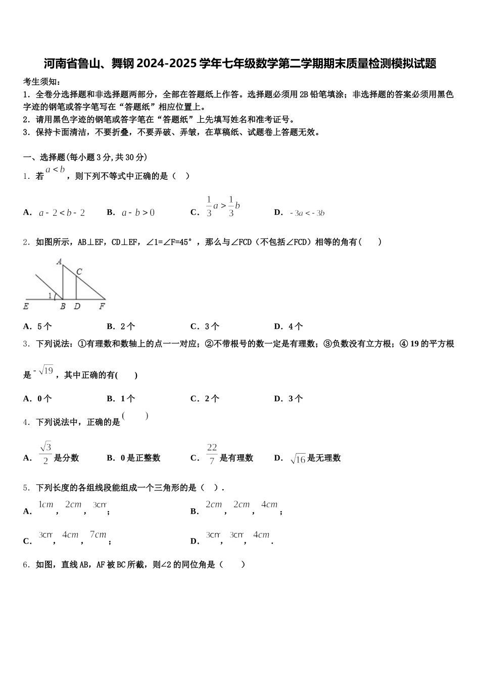 河南省鲁山、舞钢2024-2025学年七年级数学第二学期期末质量检测模拟试题含解析_第1页