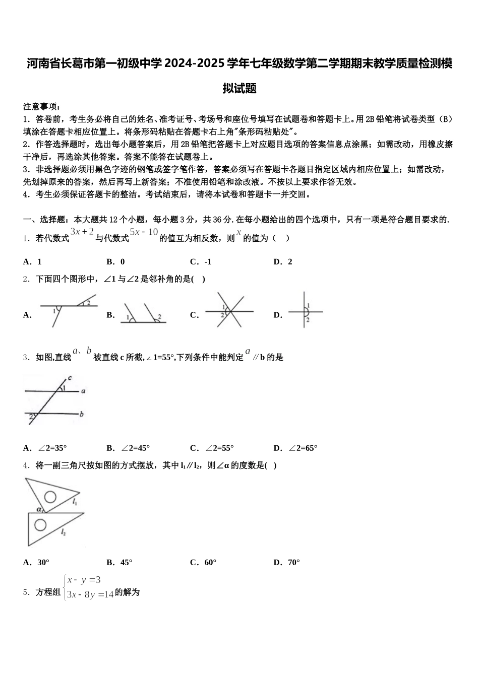 河南省长葛市第一初级中学2024-2025学年七年级数学第二学期期末教学质量检测模拟试题含解析_第1页