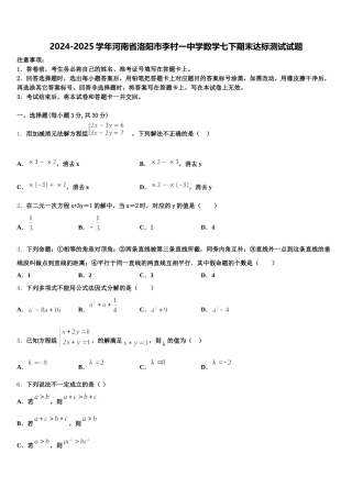 2024-2025学年河南省洛阳市李村一中学数学七下期末达标测试试题含解析