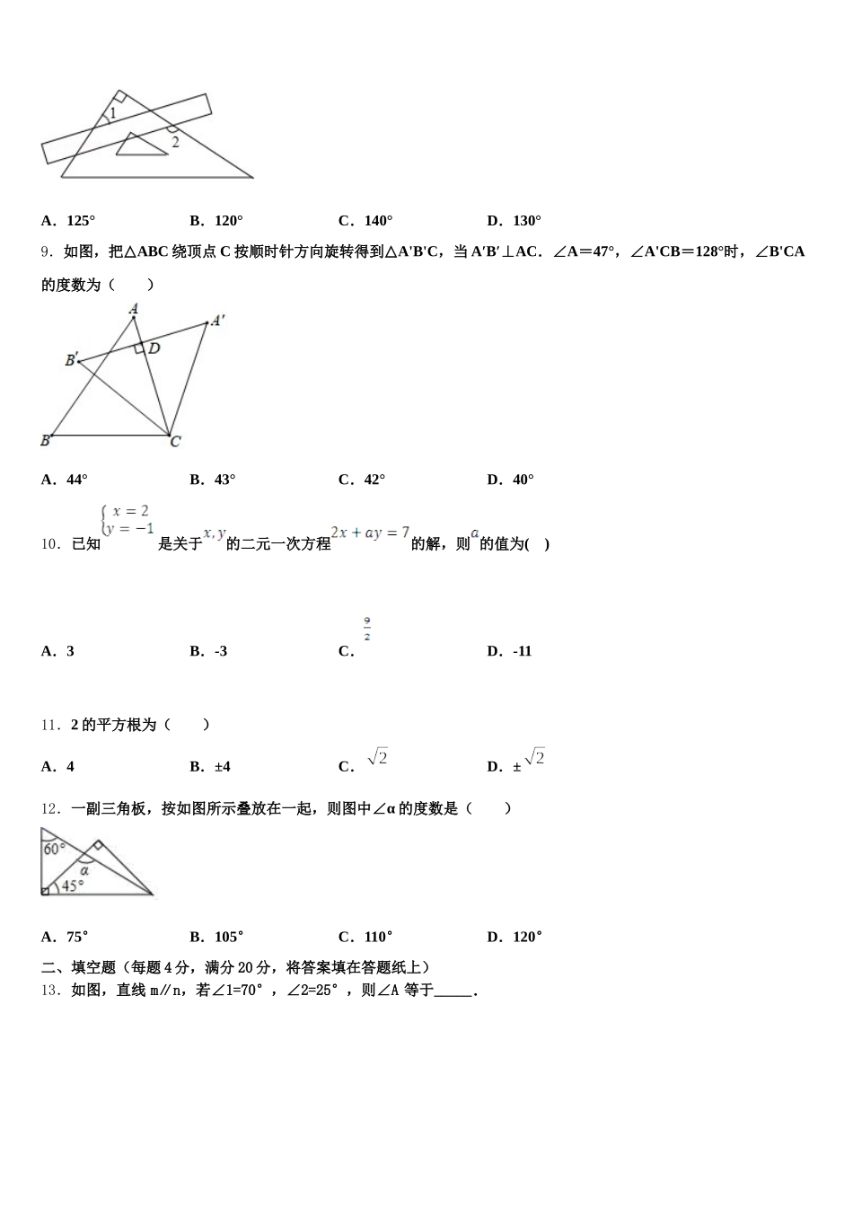 河南省郑州市桐柏一中学2024-2025学年七年级数学第二学期期末监测模拟试题含解析_第3页