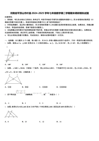 河南省平顶山市叶县2024-2025学年七年级数学第二学期期末调研模拟试题含解析