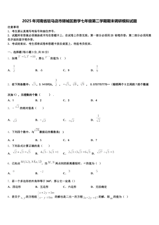 2025年河南省驻马店市驿城区数学七年级第二学期期末调研模拟试题含解析