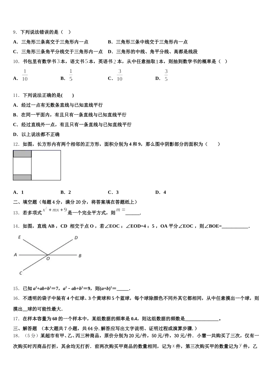 重庆市渝中学区三十中学2024-2025学年七下数学期末质量跟踪监视试题含解析_第3页