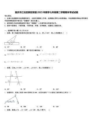 重庆市江北区新区联盟2025年数学七年级第二学期期末考试试题含解析