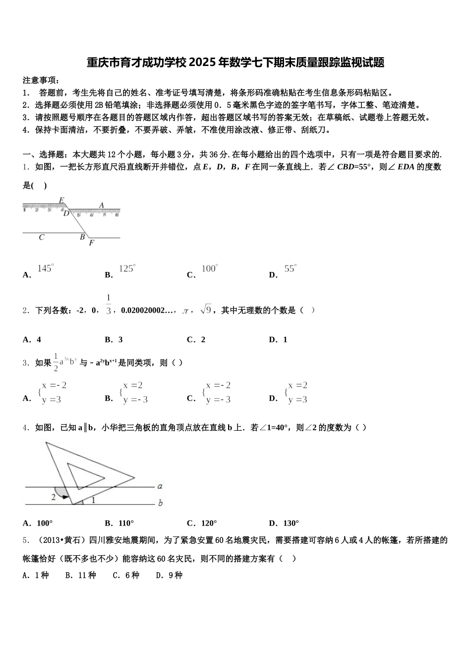 重庆市育才成功学校2025年数学七下期末质量跟踪监视试题含解析_第1页