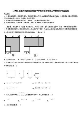 2025届重庆市西南大附属中学七年级数学第二学期期末考试试题含解析