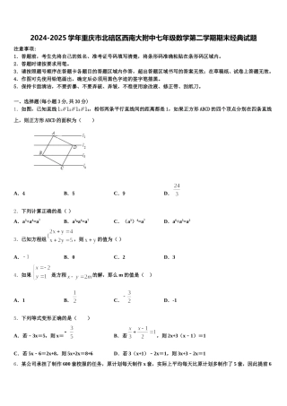 2024-2025学年重庆市北碚区西南大附中七年级数学第二学期期末经典试题含解析