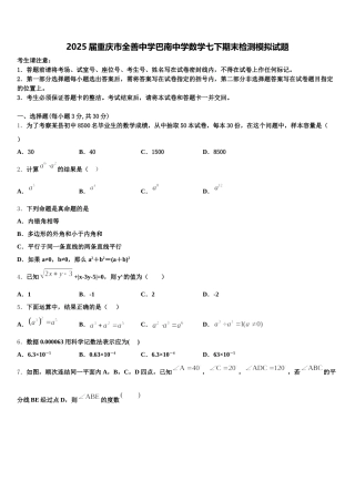 2025届重庆市全善中学巴南中学数学七下期末检测模拟试题含解析