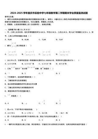 2024-2025学年重庆市实验中学七年级数学第二学期期末学业质量监测试题含解析