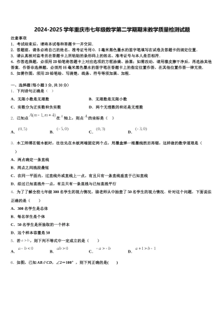 2024-2025学年重庆市七年级数学第二学期期末教学质量检测试题含解析
