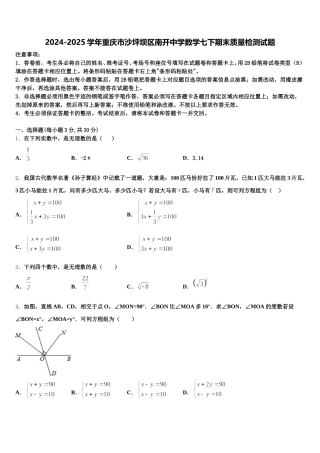 2024-2025学年重庆市沙坪坝区南开中学数学七下期末质量检测试题含解析