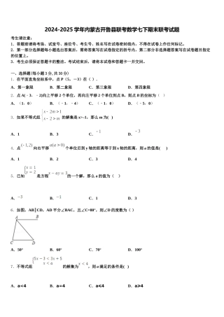 2024-2025学年内蒙古开鲁县联考数学七下期末联考试题含解析