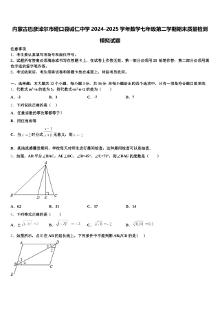 内蒙古巴彦淖尔市磴口县诚仁中学2024-2025学年数学七年级第二学期期末质量检测模拟试题含解析