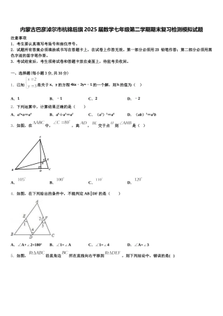 内蒙古巴彦淖尔市杭锦后旗2025届数学七年级第二学期期末复习检测模拟试题含解析