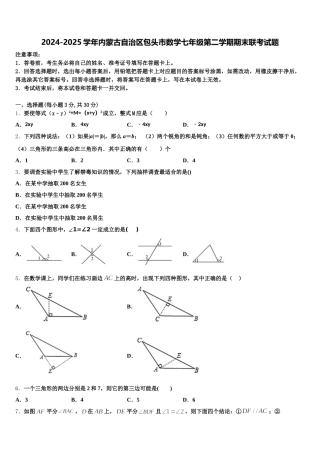 2024-2025学年内蒙古自治区包头市数学七年级第二学期期末联考试题含解析