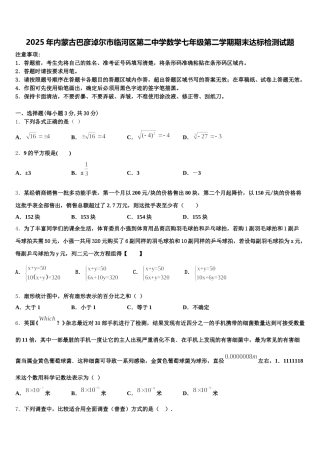 2025年内蒙古巴彦淖尔市临河区第二中学数学七年级第二学期期末达标检测试题含解析