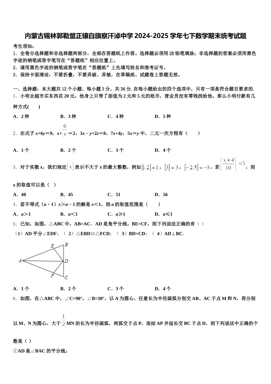 内蒙古锡林郭勒盟正镶白旗察汗淖中学2024-2025学年七下数学期末统考试题含解析_第1页
