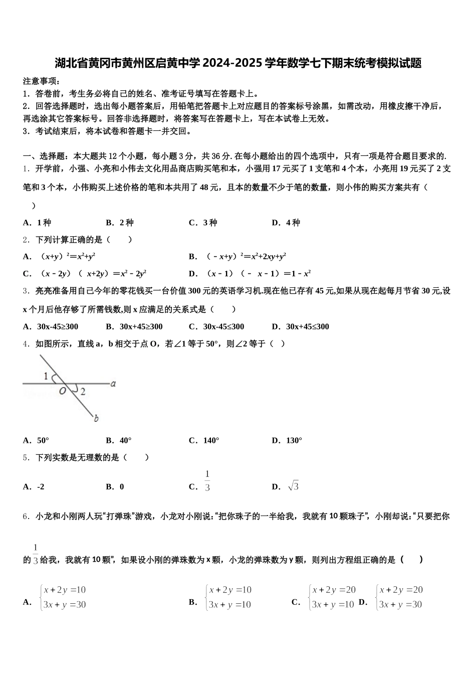湖北省黄冈市黄州区启黄中学2024-2025学年数学七下期末统考模拟试题含解析_第1页