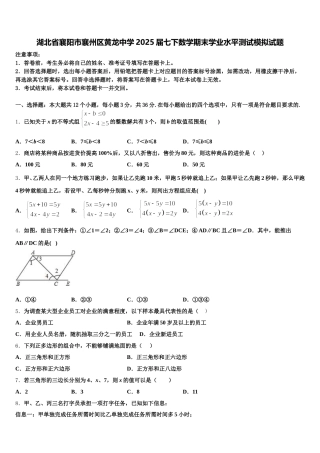 湖北省襄阳市襄州区黄龙中学2025届七下数学期末学业水平测试模拟试题含解析